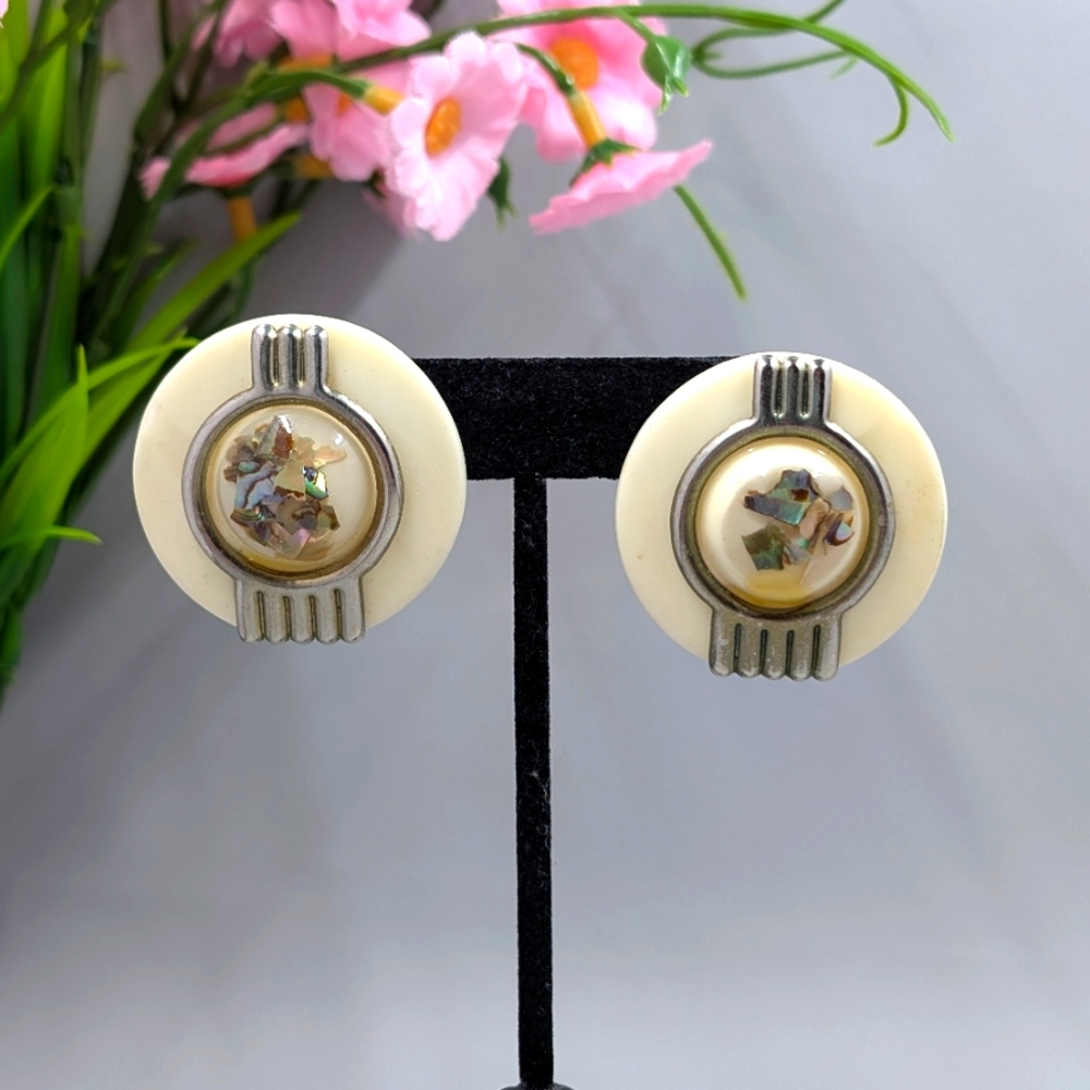 Abalone Shell Accented Vintage Oversized Button Earrings